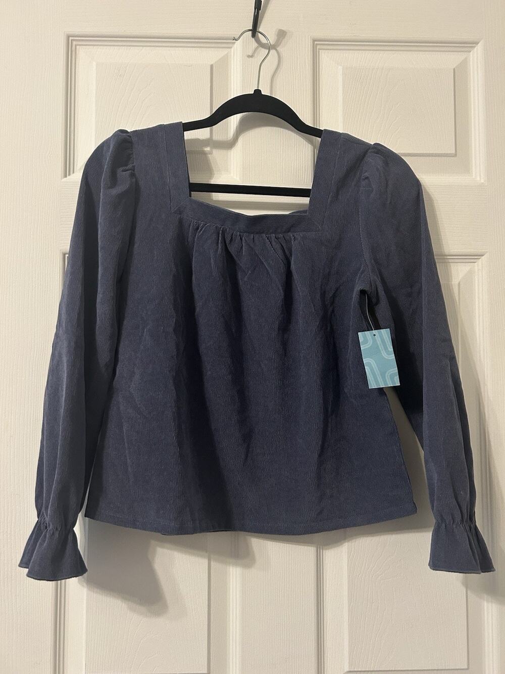 Market & Spruce Blue Corduroy Square Neck Puff Sleeve Blouse, Women's L